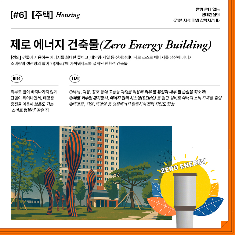 [#6] [주택] Housing  알면 쓸데 있는  현대건설의  <건설 지식 TMI 잡학사전 II>  제로 에너지 건축물(Zero Energy Building)  [정의] 건물이 사용하는 에너지를 최대한 줄이고, 태양광·지열 등 신재생에너지로 스스로 에너지를 생산해 에너지 소비량과 생산량의 합이 0(제로)에 가까워지도록 설계된 친환경 건축물  비유  TMI  외부로 열이 빠져나가지 않게 단열이 뛰어나면서, 태양광 충전을 이용해 보온도 되는 스마트 텀블러 같은 집  ①벽체, 지붕, 창호 등에 고성능 자재를 적용해 외부 열 유입과 내부 열 손실을 최소화!  ②폐열 회수형 환기장치, 에너지 관리 시스템(BEMS) 등 첨단 설비로 에너지 소비 자체를 줄임  ③태양광, 지열, 태양열 등 청정에너지 활용하여 전력 자립도 향상 